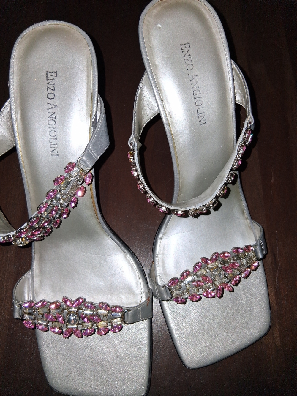 Enzo Angiolini Silver Sandals with Pink Crystal Straps